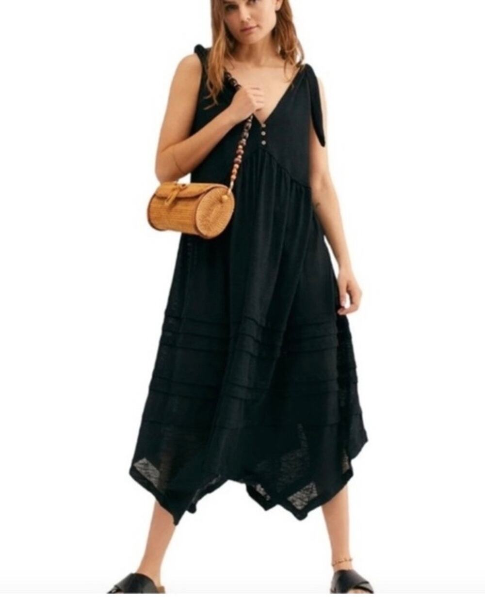 Free People Beach Bay Breeze Tie Shoulder Midi Dress Womens XS Black Relaxed